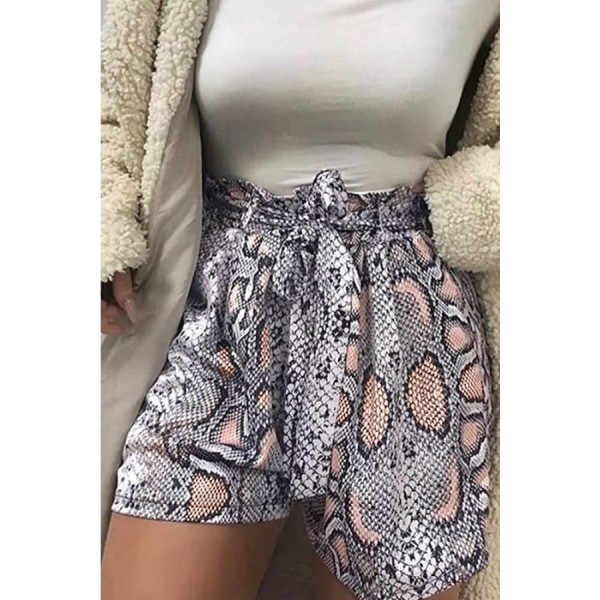 Apricot Snakeskin Tied Waist Casual Shorts