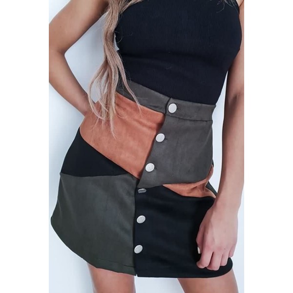 Army-green Color Block Button Up Sexy Mini Skirt