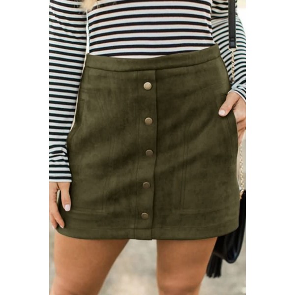 Army-green Suede Pocket Button Sexy Mini Skirt