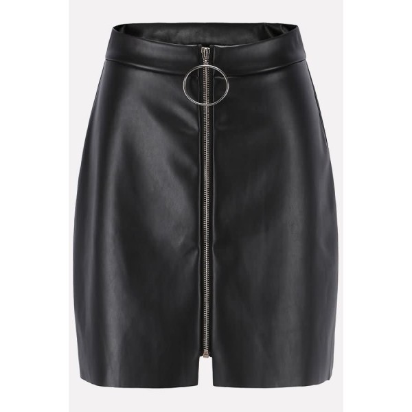 Black Faux Leather O Ring Zipper Sexy Mini Skirt