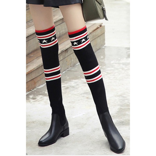 Black Stripe Print Stretch Thigh High Low Block Heel Sock Boots