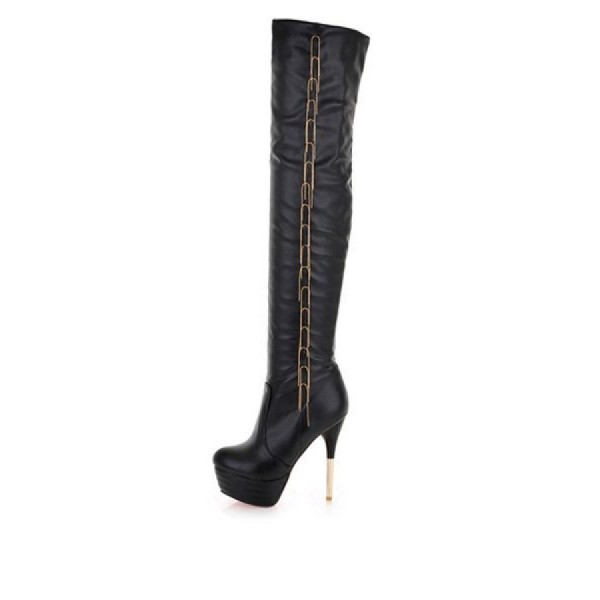 Black Faux Leather Stiletto Heel Thigh High Boots