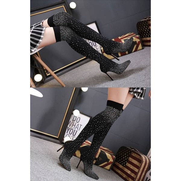 Black Shiny Rhinestone Pointed Toe Stiletto Chic Thigh-high Boots