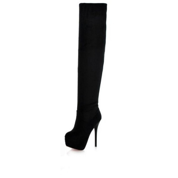 Black Suede Thigh High Stiletto Heel Boots