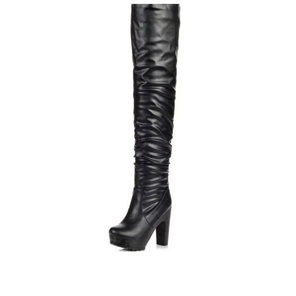 Black Faux Leather Chunky Heel Thigh High Boots