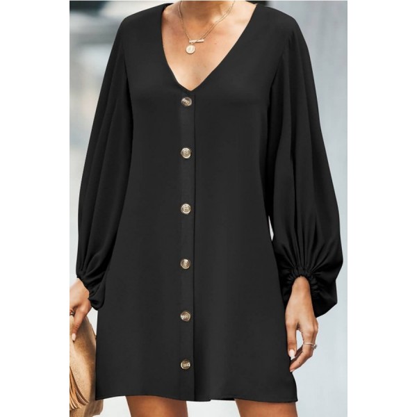 Black Button Decor V Neck Long Sleeve Casual Dress