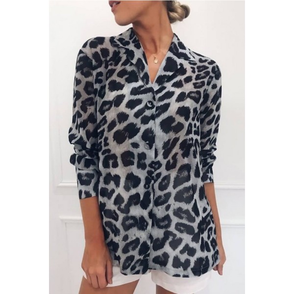Black Leopard Button Up Long Sleeve Casual Shirt
