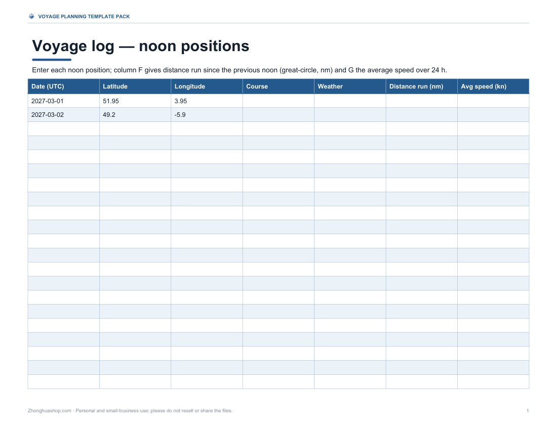 Preview of the first page of Voyage log (XLSX)